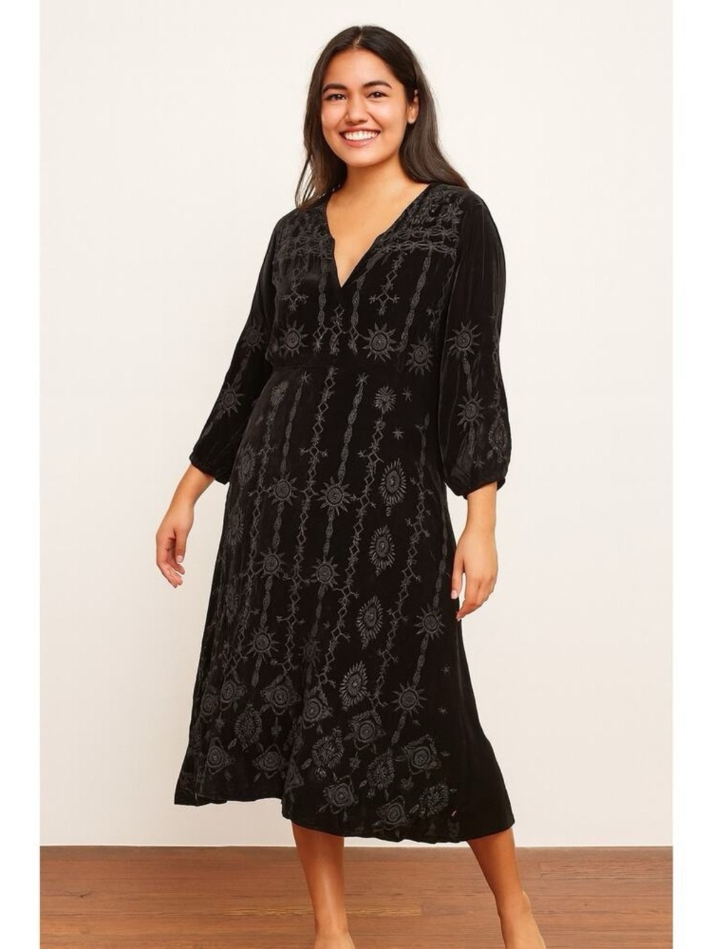 Johnny Was Althea Black Velvet Embroidered Midi Dress Size S